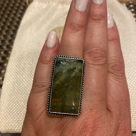 Beautiful Large Green Ocean Jasper Silver Ring NeverUsed